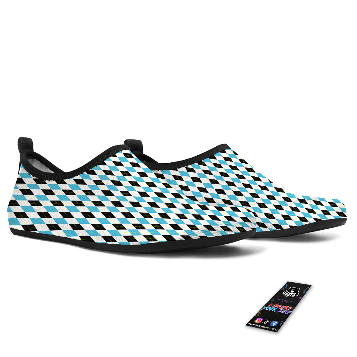 Yellow Black And Blue Argyle Print Water Shoes-grizzshop