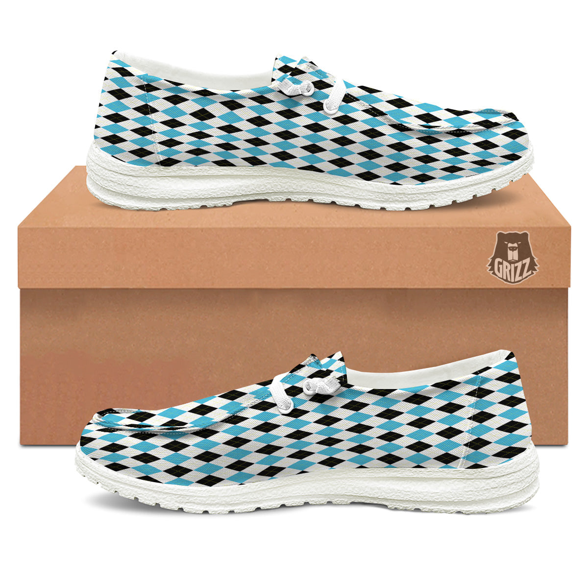 Yellow Black And Blue Argyle Print White Loafers-grizzshop