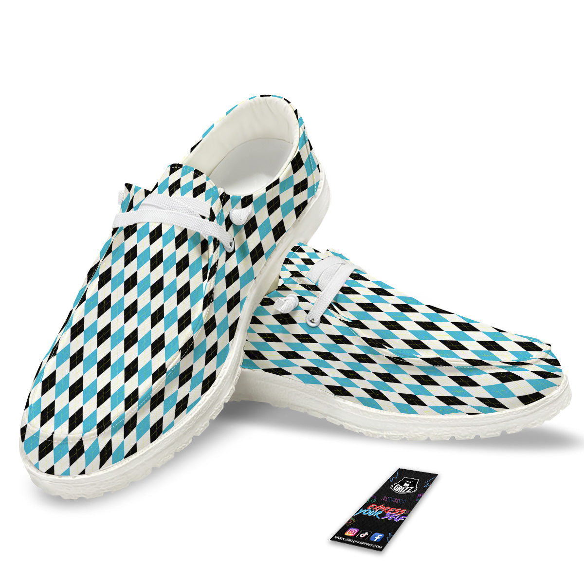 Yellow Black And Blue Argyle Print White Loafers-grizzshop