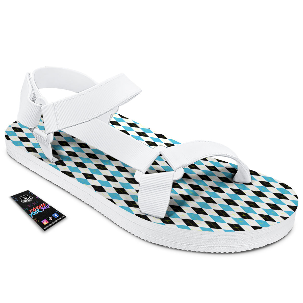 Yellow Black And Blue Argyle Print White Open Toe Sandals-grizzshop