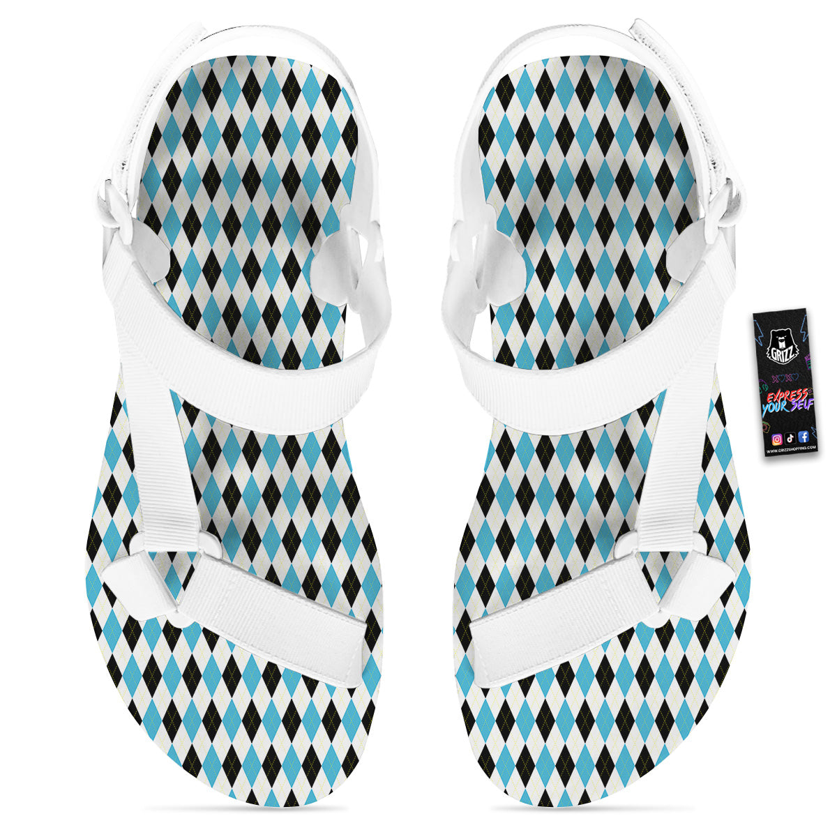 Yellow Black And Blue Argyle Print White Open Toe Sandals-grizzshop
