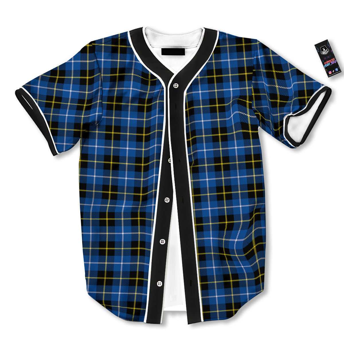 Yellow Blue And Black Tartan Print Baseball Jersey-grizzshop