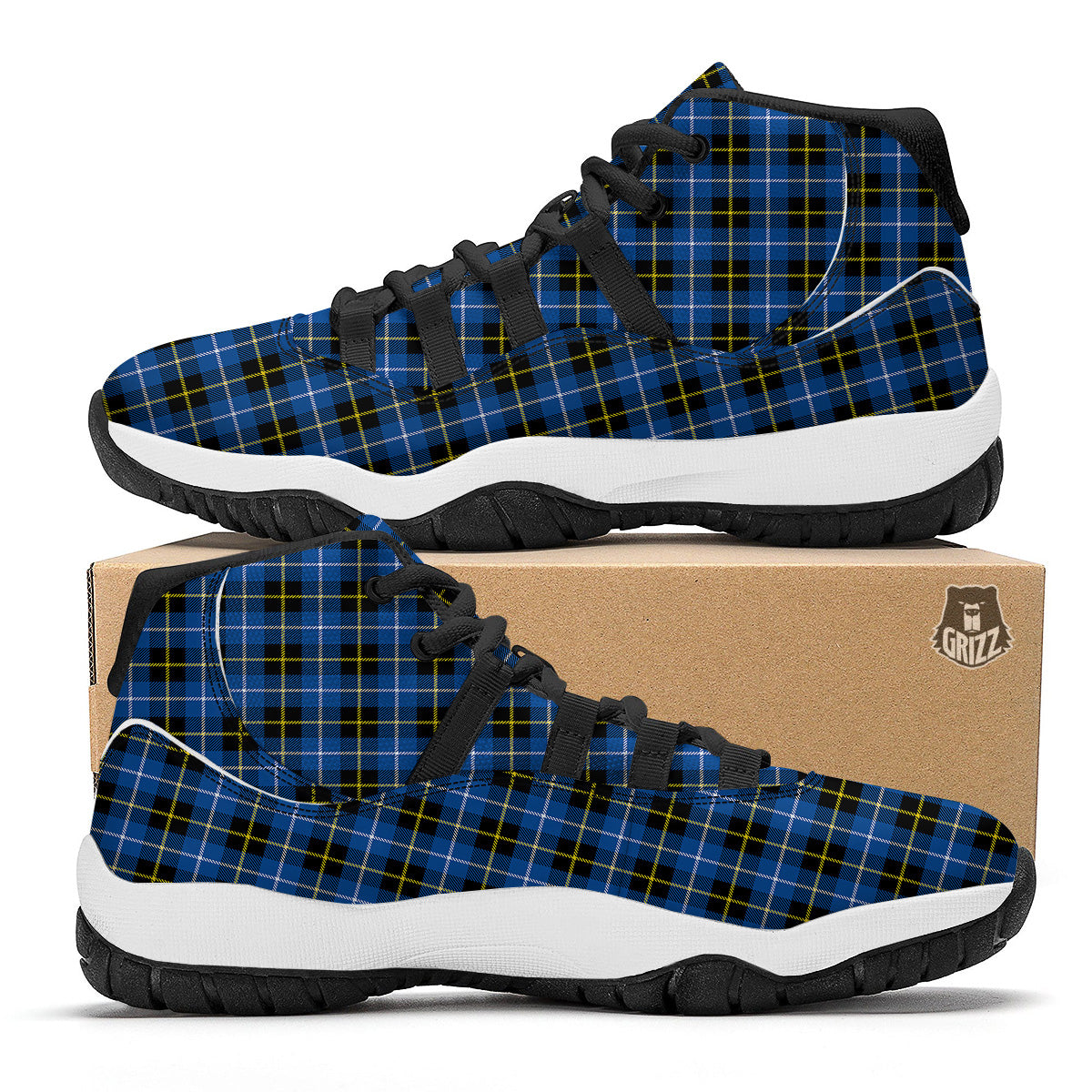 Yellow Blue And Black Tartan Print Black Bball Shoes-grizzshop