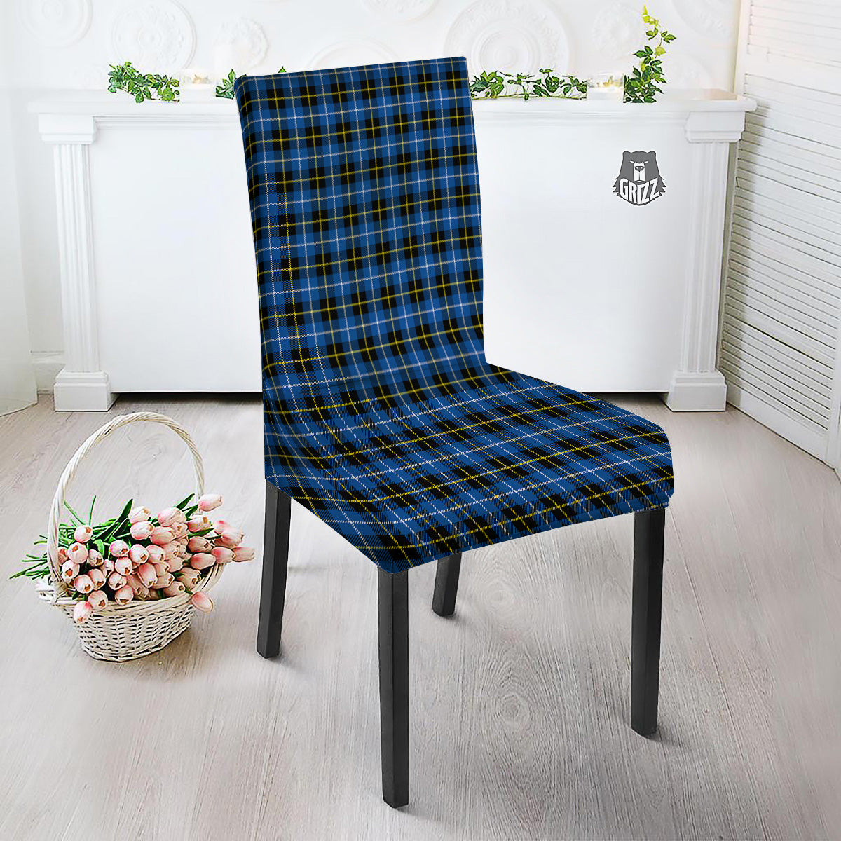 Yellow Blue And Black Tartan Print Dining Chair Slipcover-grizzshop