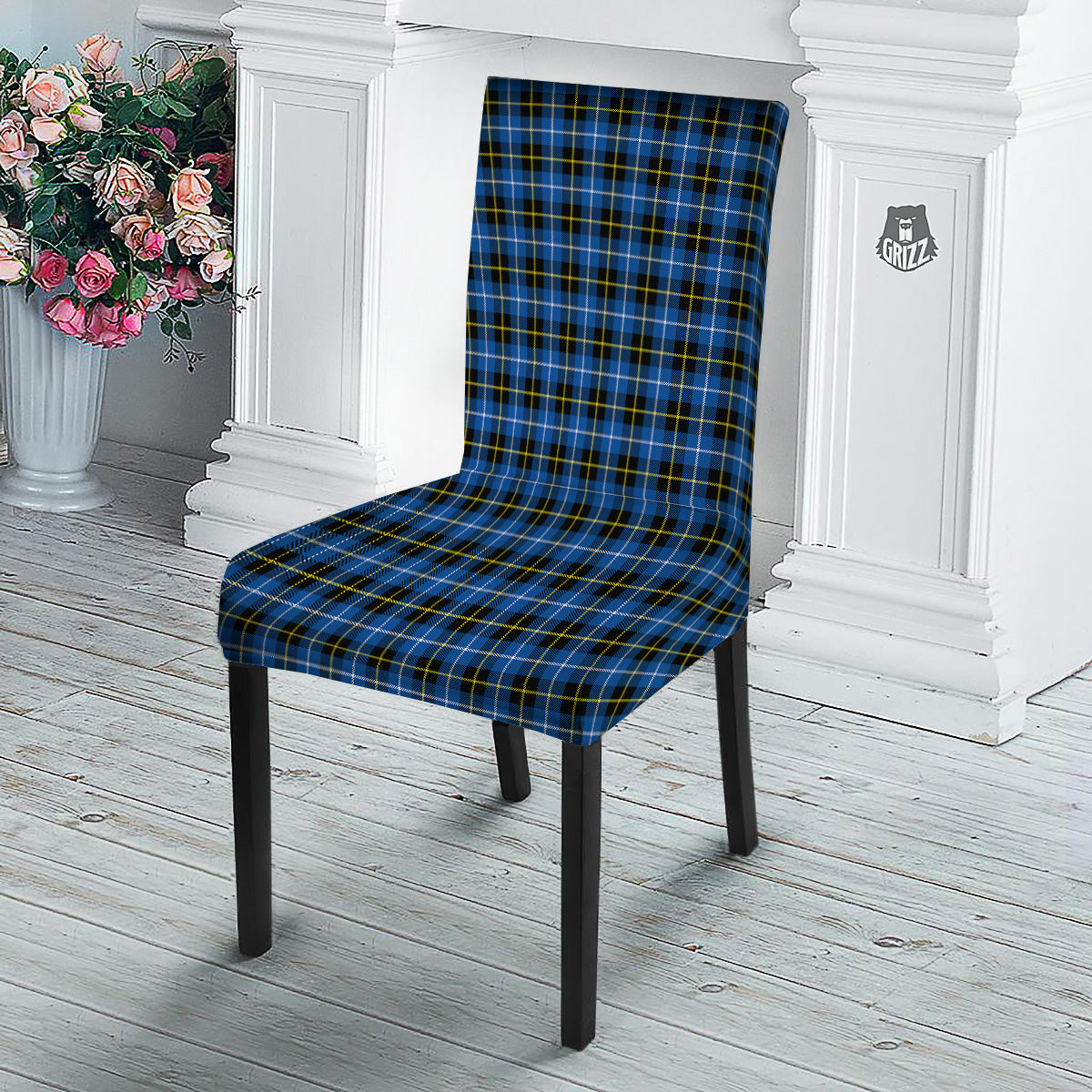Yellow Blue And Black Tartan Print Dining Chair Slipcover-grizzshop