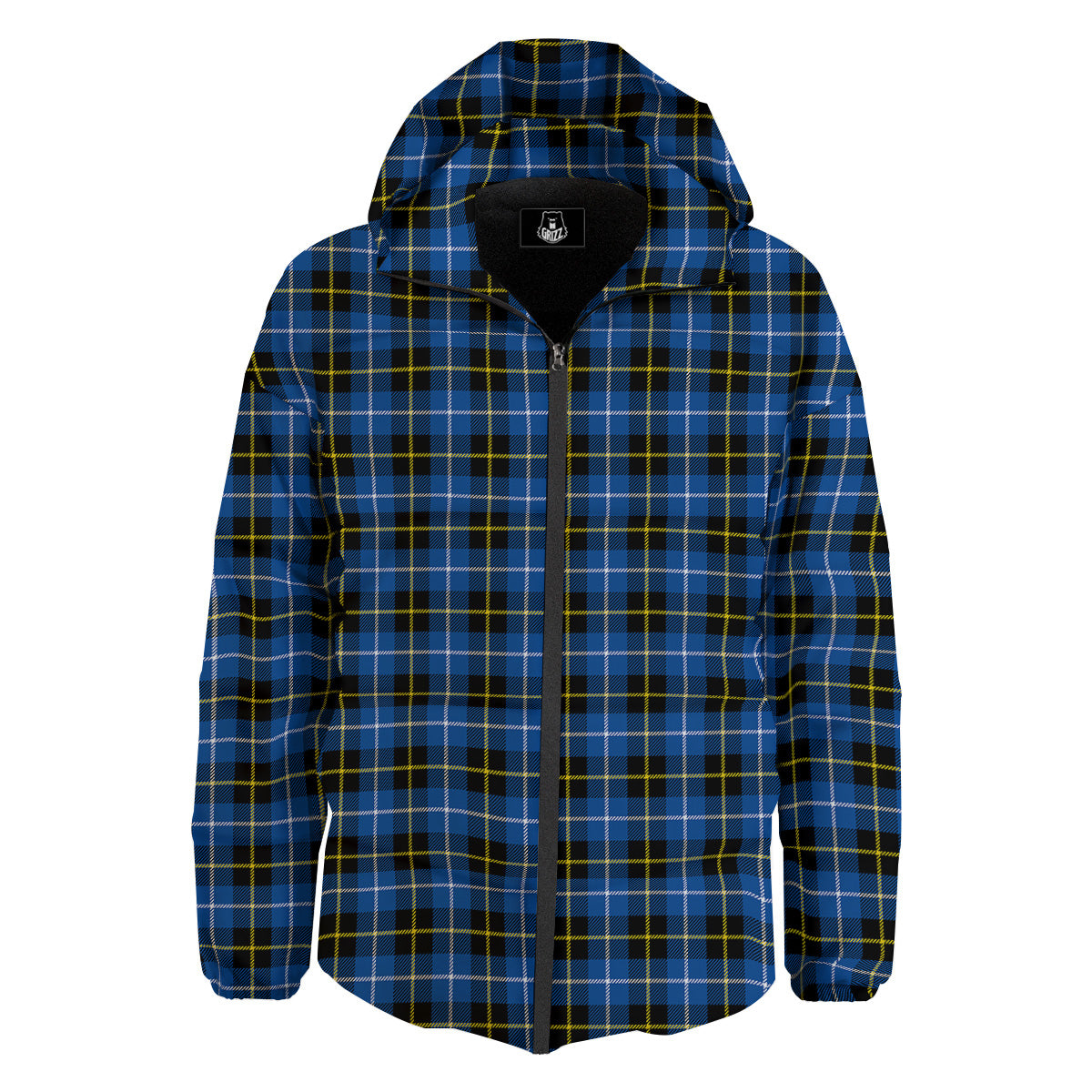 Yellow Blue And Black Tartan Print Down Jacket-grizzshop