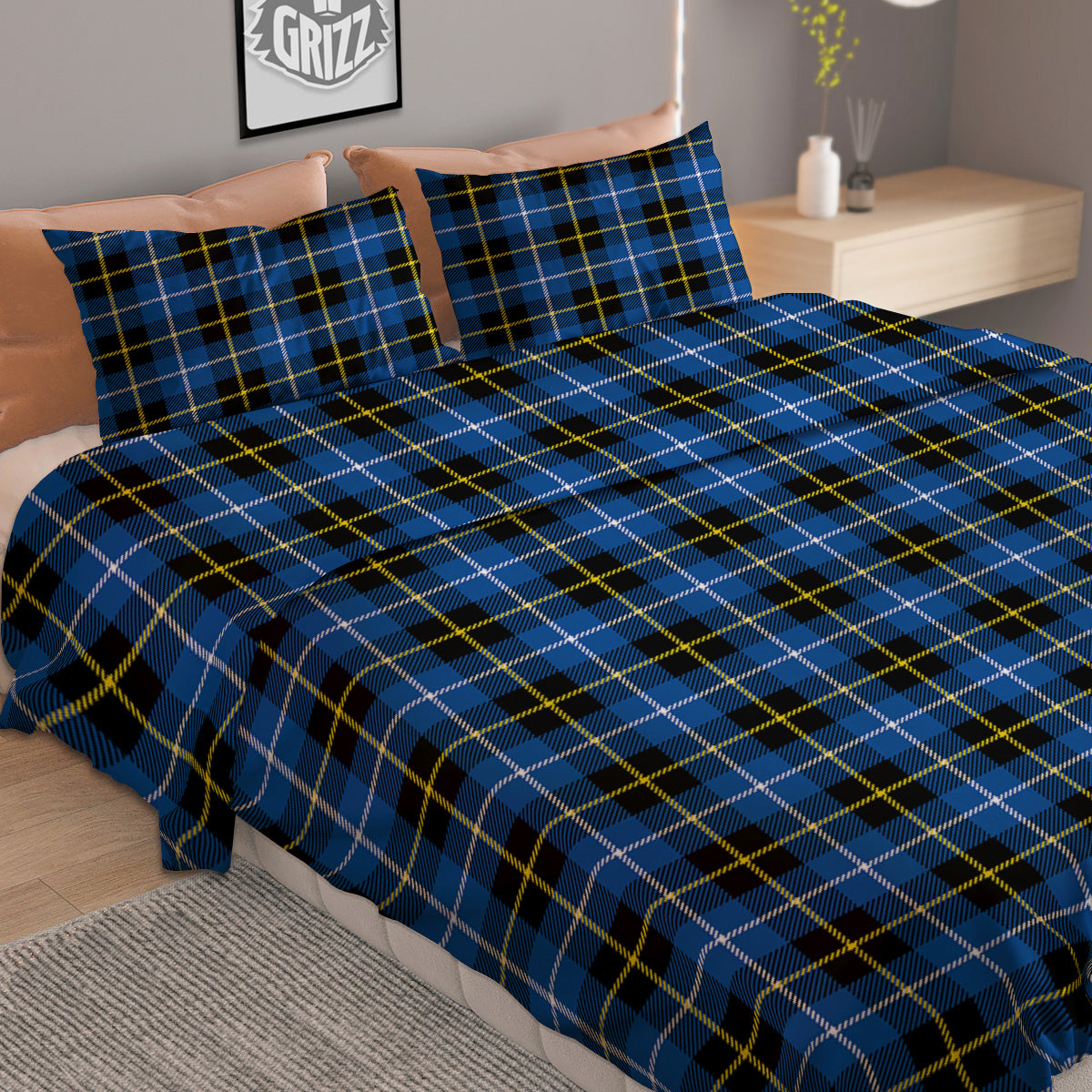 Yellow Blue And Black Tartan Print Duvet Cover Bedding Set