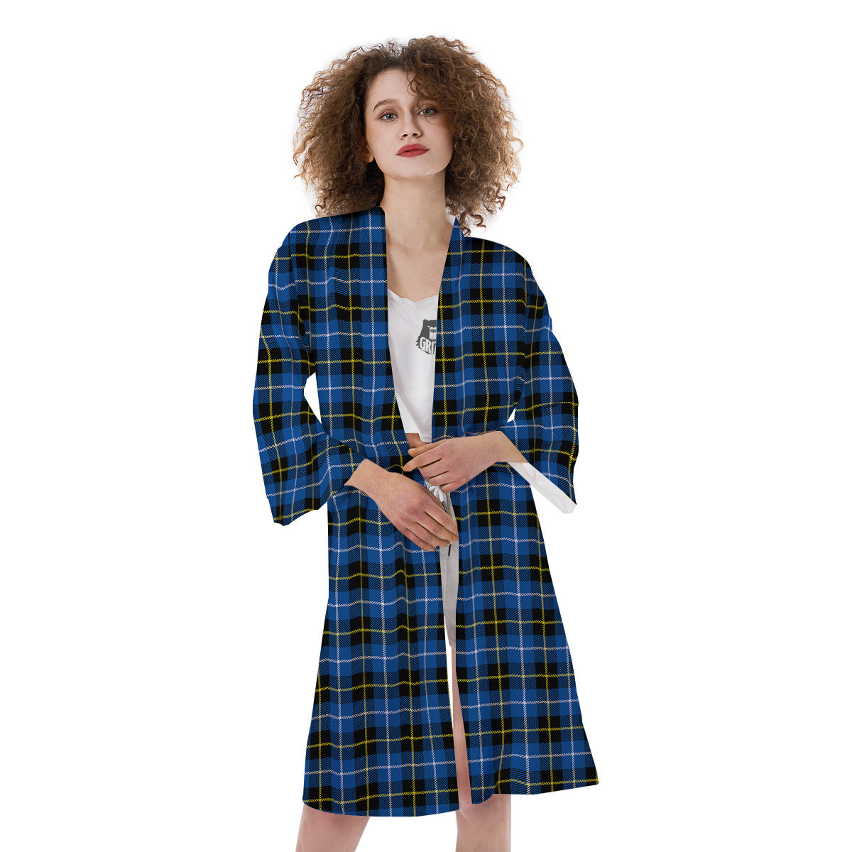 Yellow Blue And Black Tartan Print Kimono-grizzshop