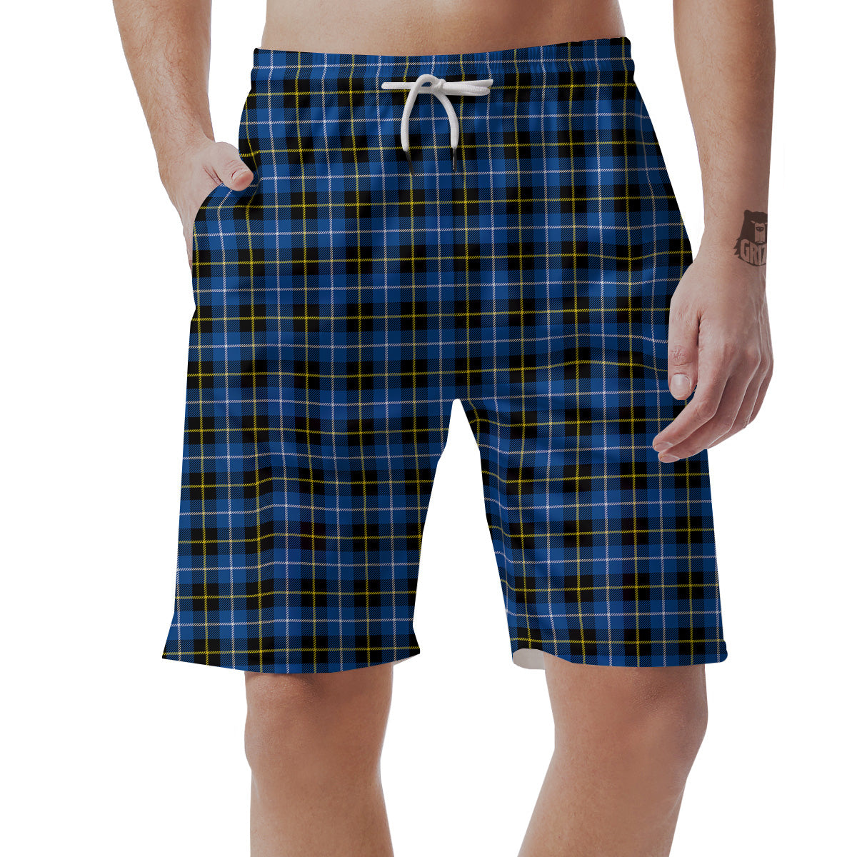 Yellow Blue And Black Tartan Print Men's Shorts-grizzshop