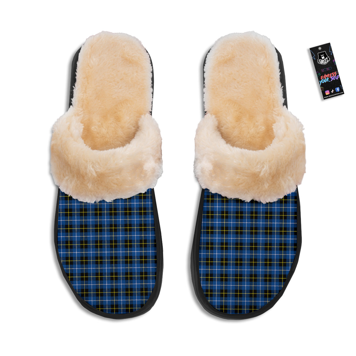 Yellow Blue And Black Tartan Print Slippers-grizzshop