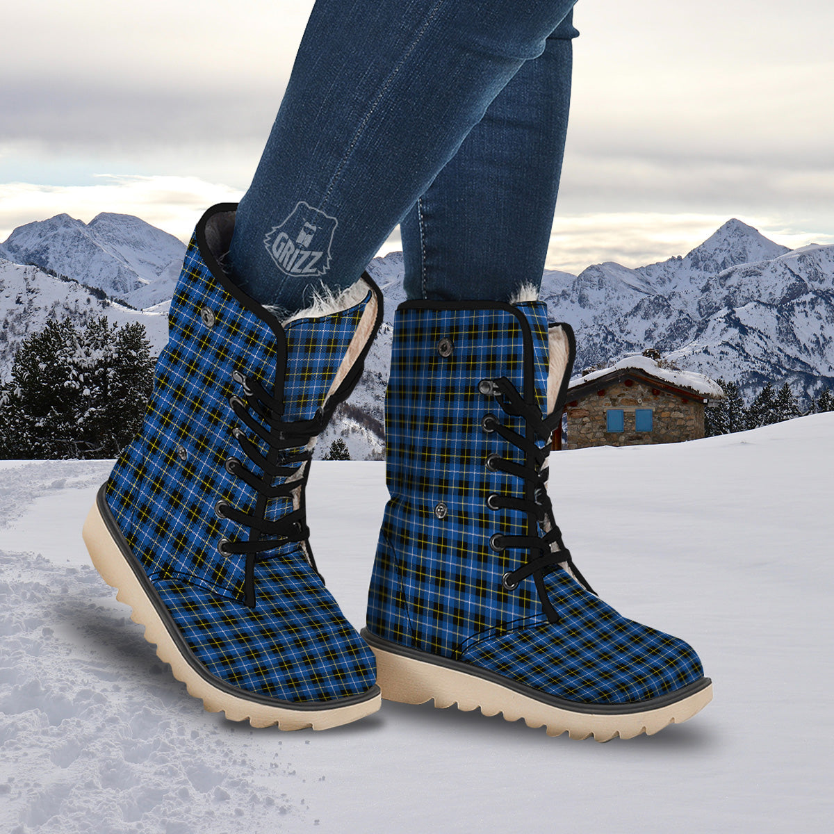 Yellow Blue And Black Tartan Print Snow Boots-grizzshop