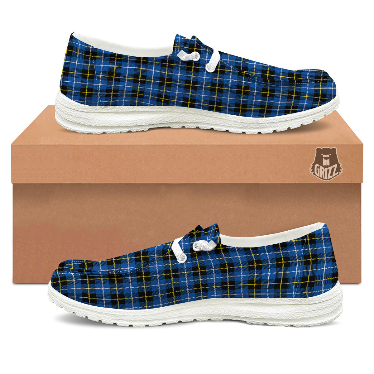 Yellow Blue And Black Tartan Print White Loafers-grizzshop