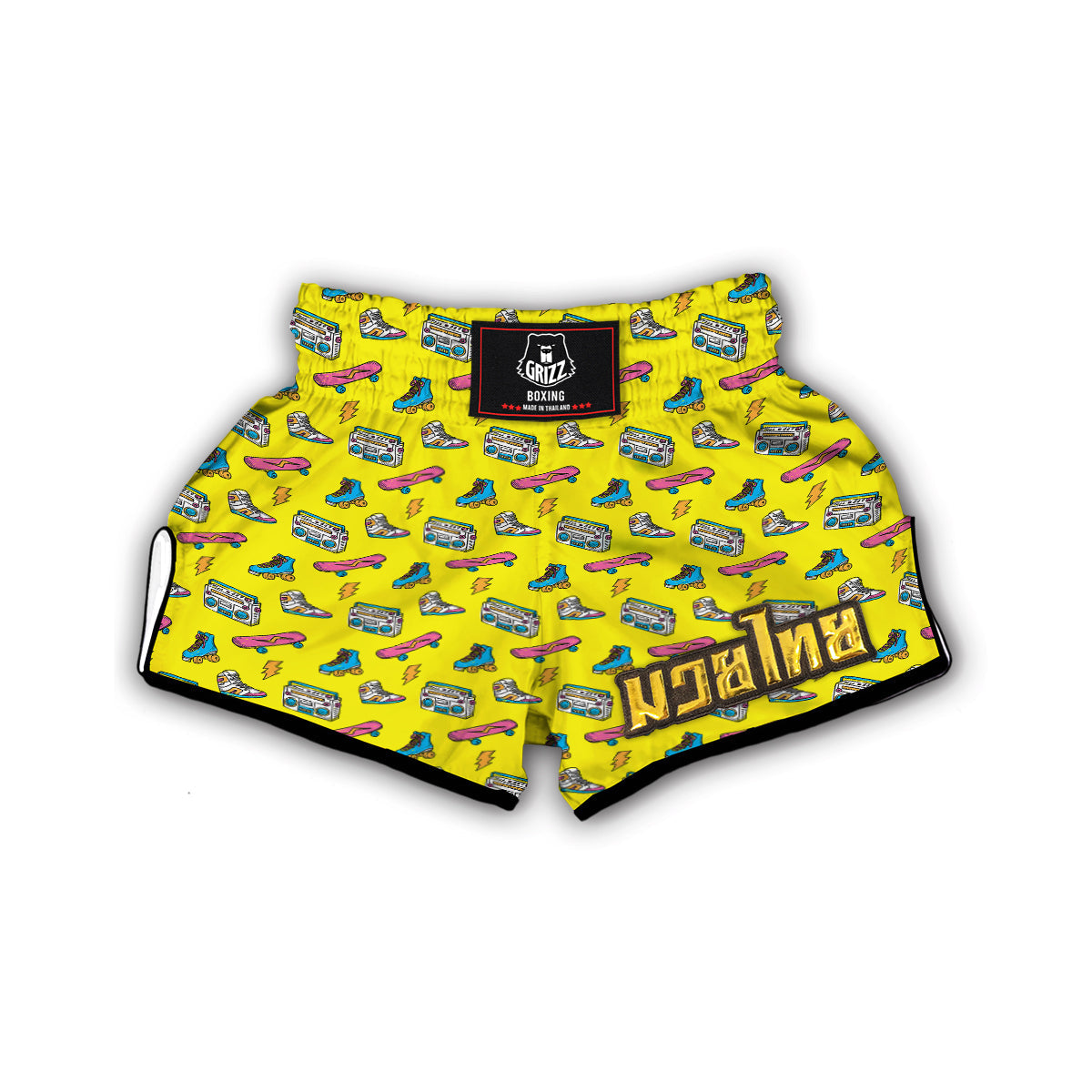 Yellow Boombox Print Pattern Muay Thai Boxing Shorts-grizzshop