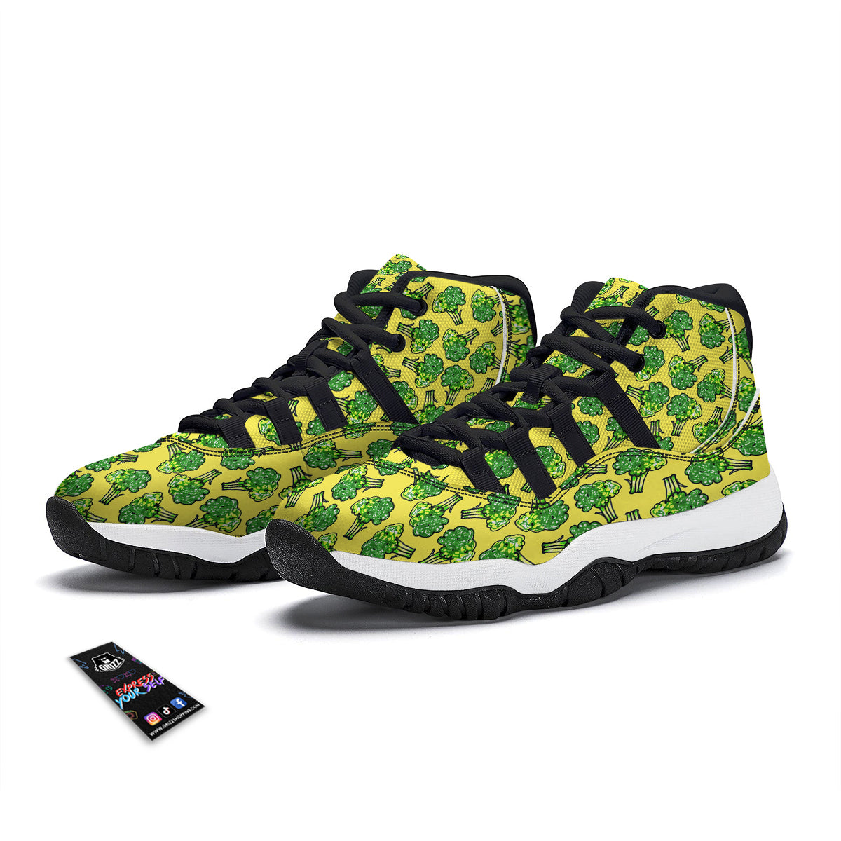 Yellow Broccoli Print Pattern Black Bball Shoes-grizzshop
