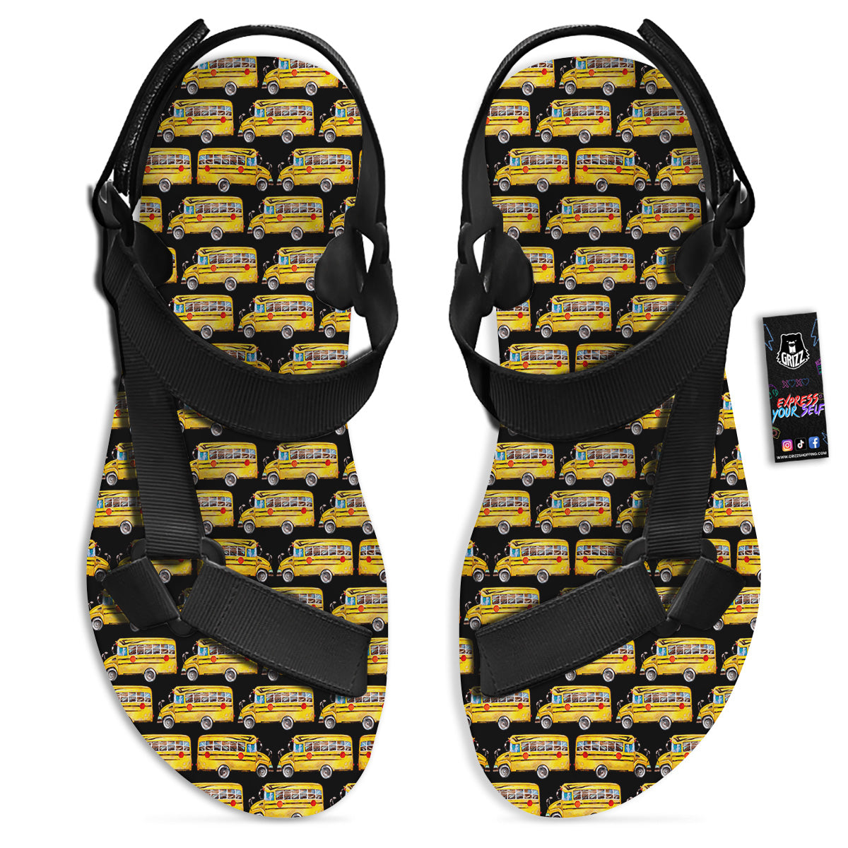 Yellow Bus Print Pattern Black Open Toe Sandals-grizzshop
