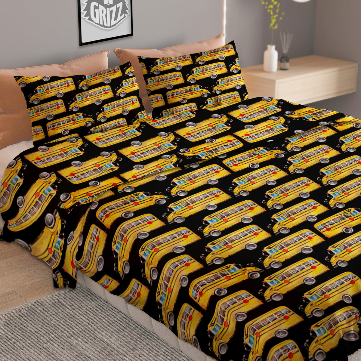 Yellow Bus Print Pattern Duvet Cover Bedding Set-grizzshop