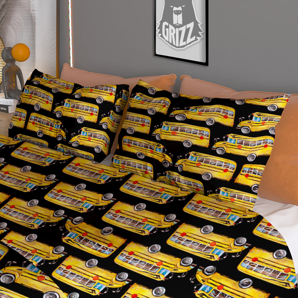 Yellow Bus Print Pattern Duvet Cover Bedding Set-grizzshop