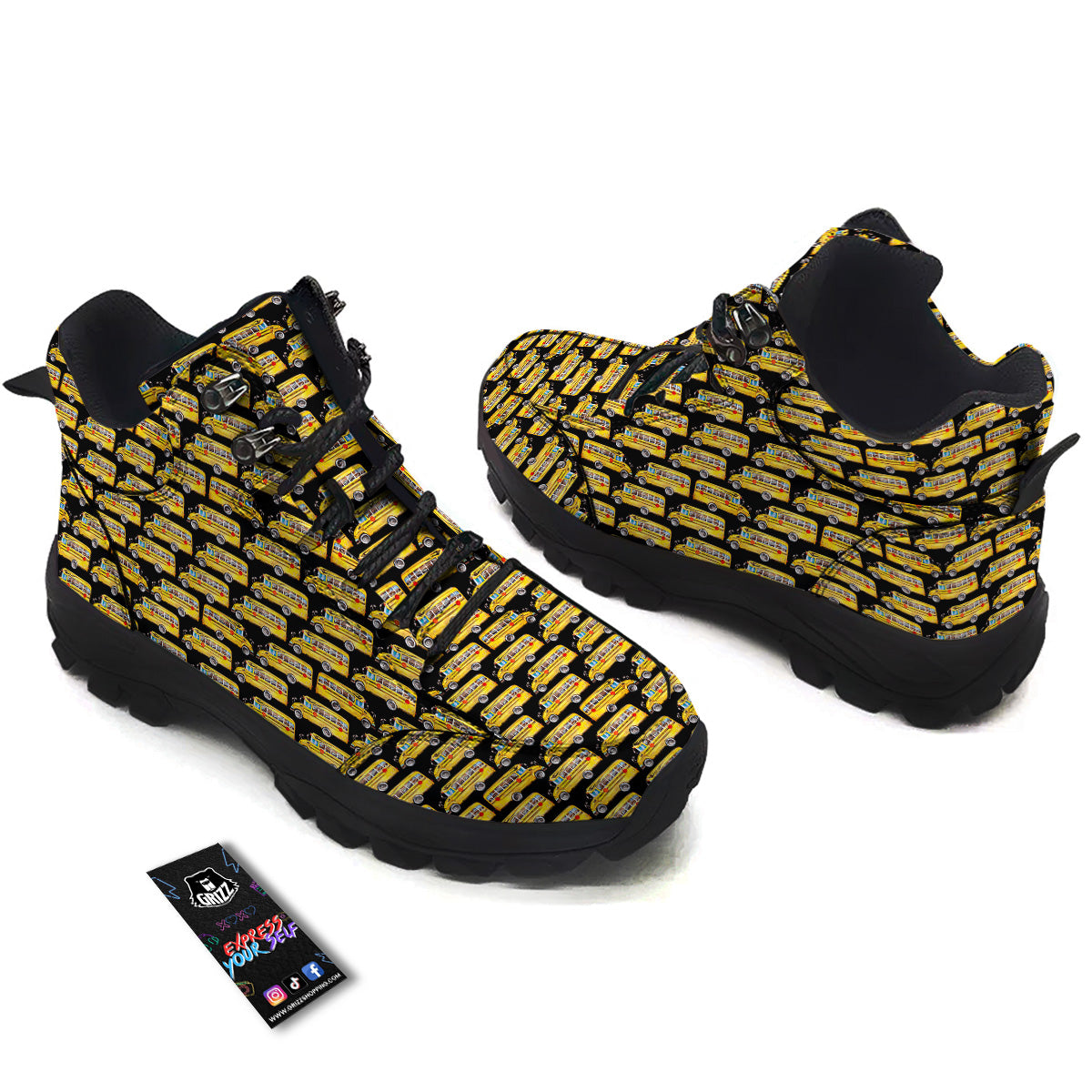 Yellow Bus Print Pattern Hiking Shoes-grizzshop