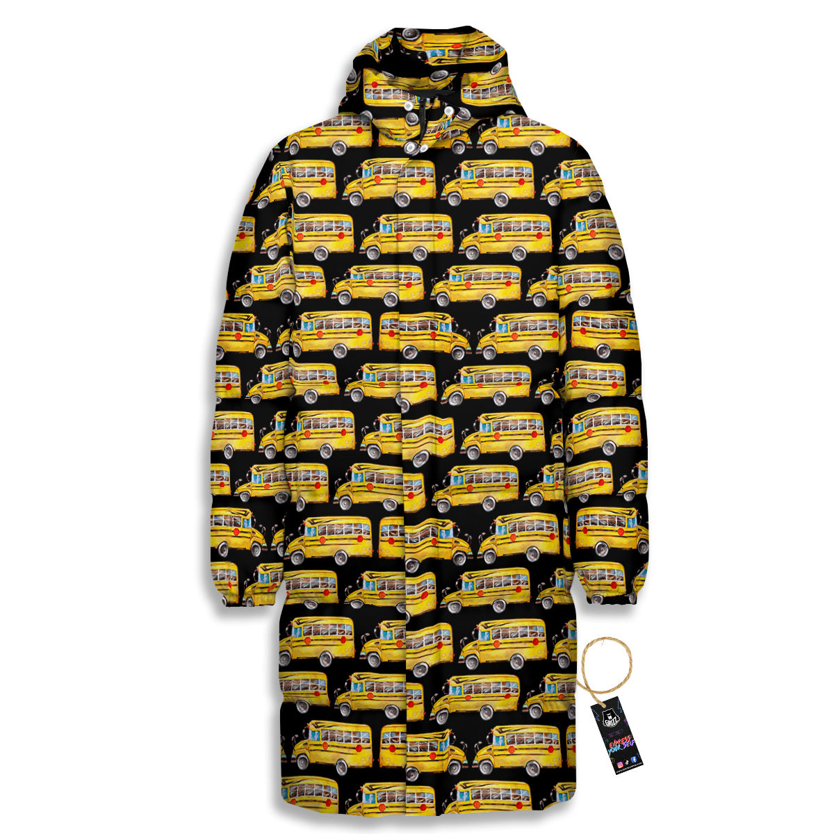 Yellow Bus Print Pattern Long Down Jacket-grizzshop