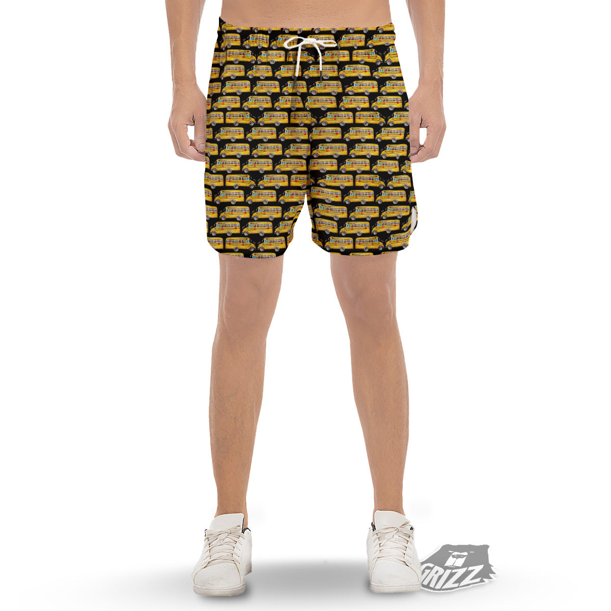 Yellow Bus Print Pattern Men's Gym Shorts-grizzshop