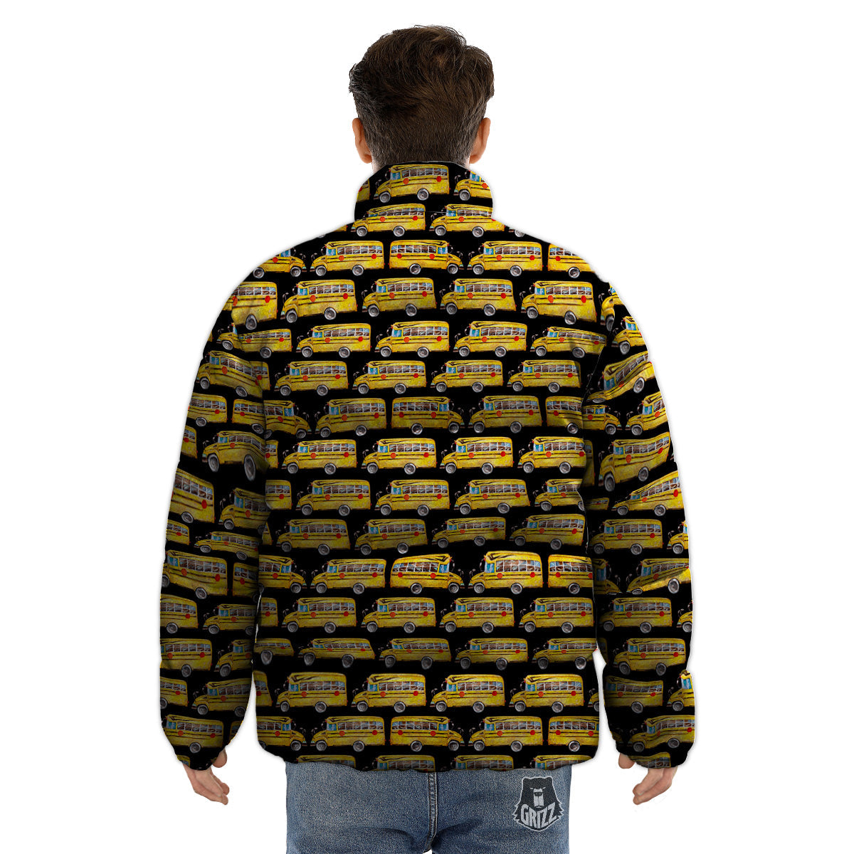 Yellow Bus Print Pattern Puffer Jacket-grizzshop