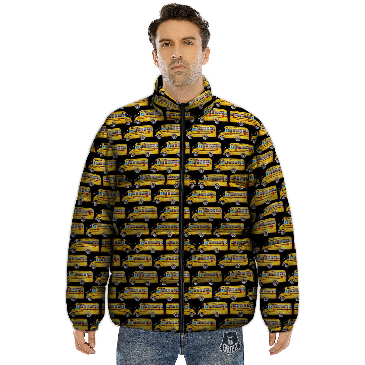 Yellow Bus Print Pattern Puffer Jacket-grizzshop