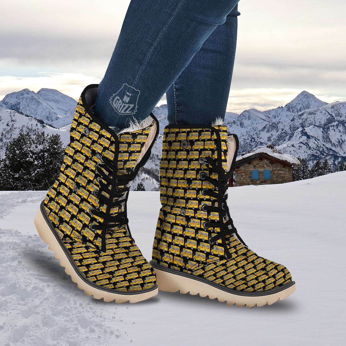 Yellow Bus Print Pattern Snow Boots-grizzshop
