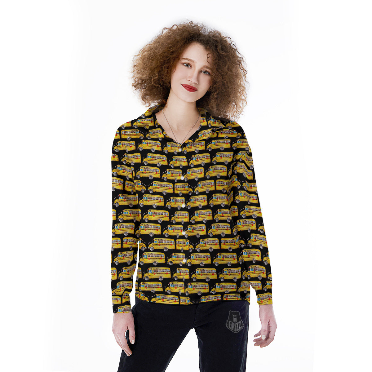 Yellow Bus Print Pattern Women's Long Sleeve Shirts-grizzshop