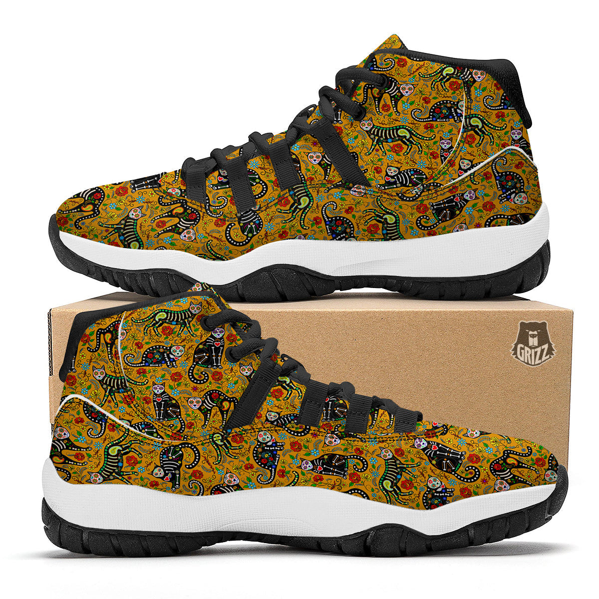Yellow Calavera Cat Print Pattern Black Bball Shoes-grizzshop