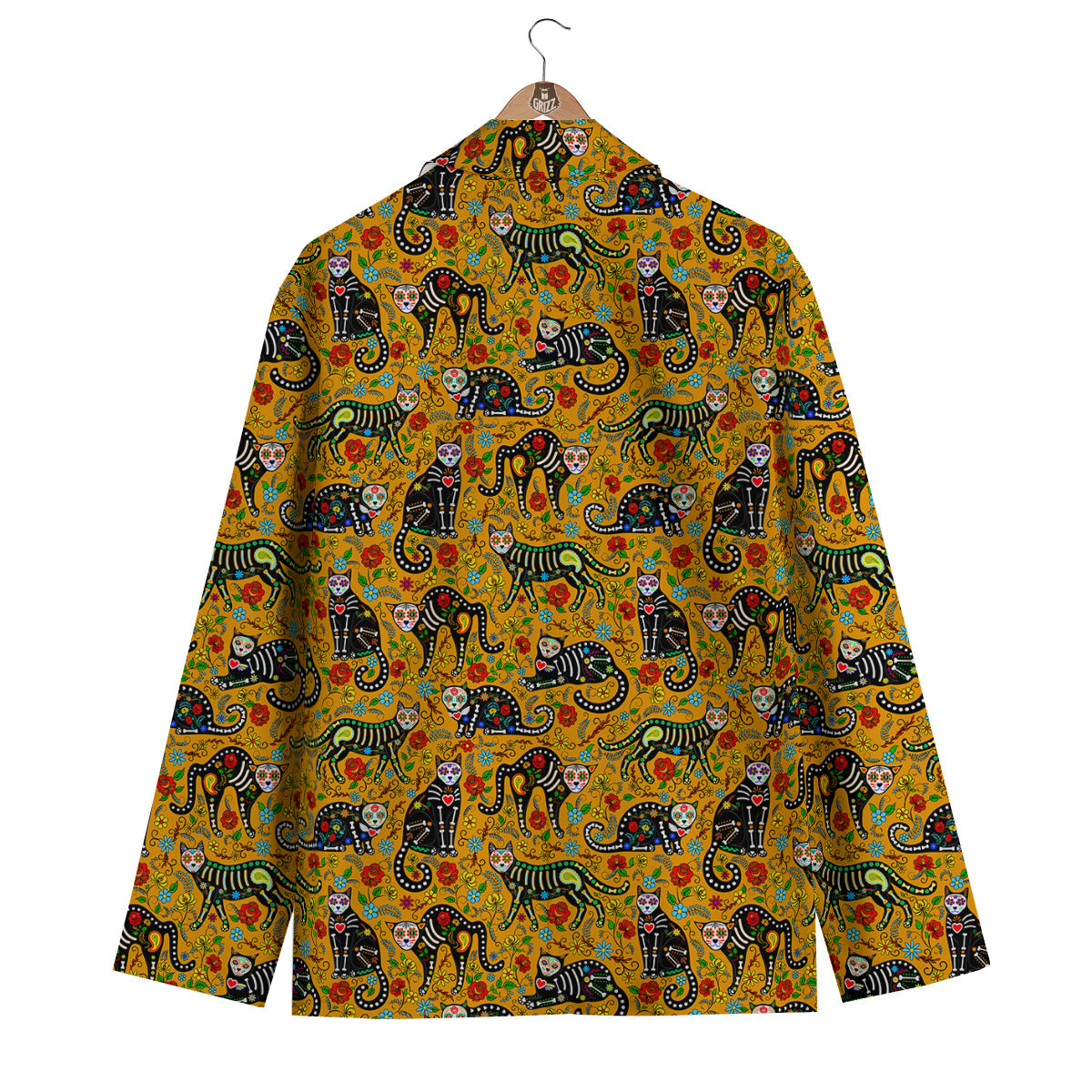Yellow Calavera Cat Print Pattern Men's Blazer-grizzshop