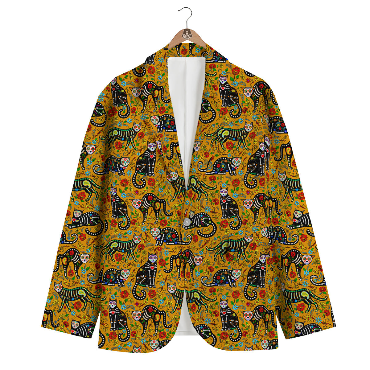 Yellow Calavera Cat Print Pattern Men's Blazer-grizzshop