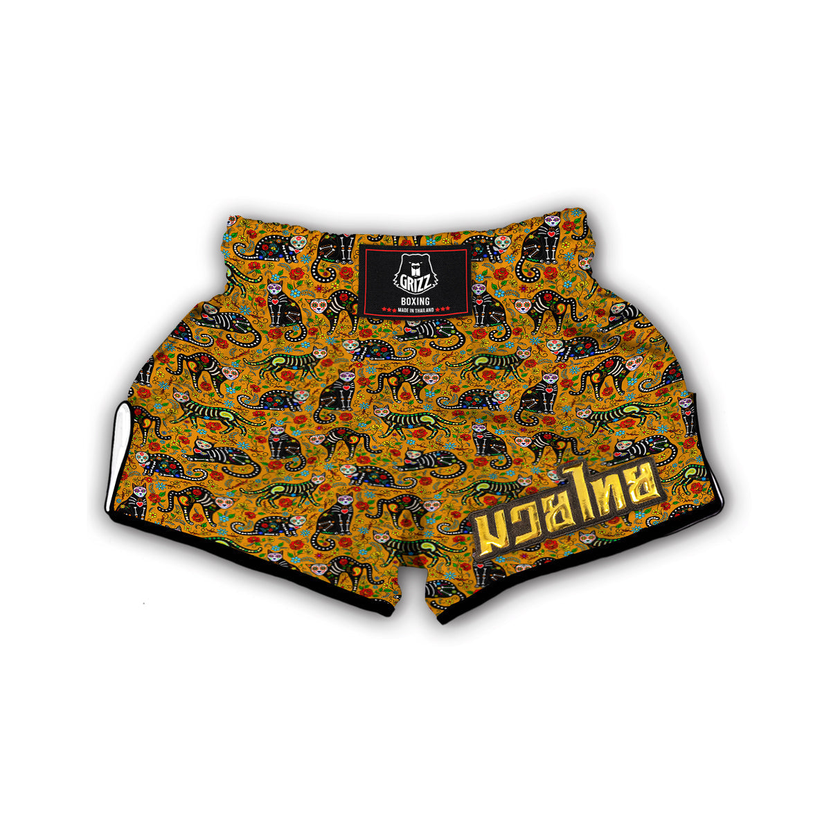 Yellow Calavera Cat Print Pattern Muay Thai Boxing Shorts-grizzshop