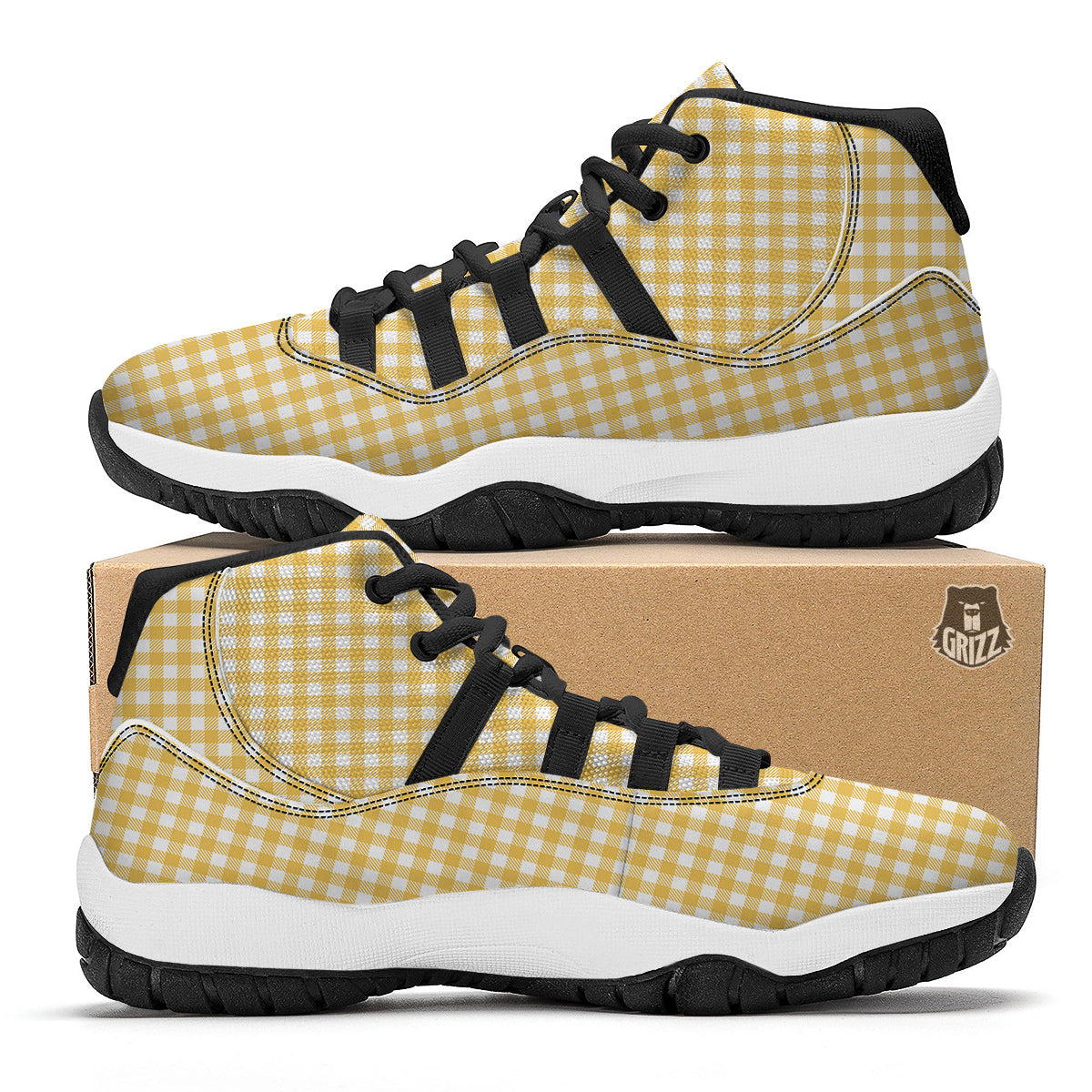 Yellow Canary And White Gingham Print Black Bball Shoes-grizzshop