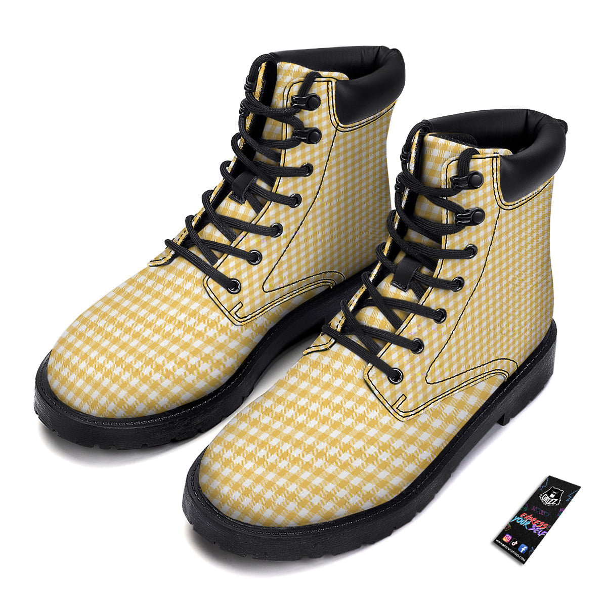 Yellow Canary And White Gingham Print Boots-grizzshop