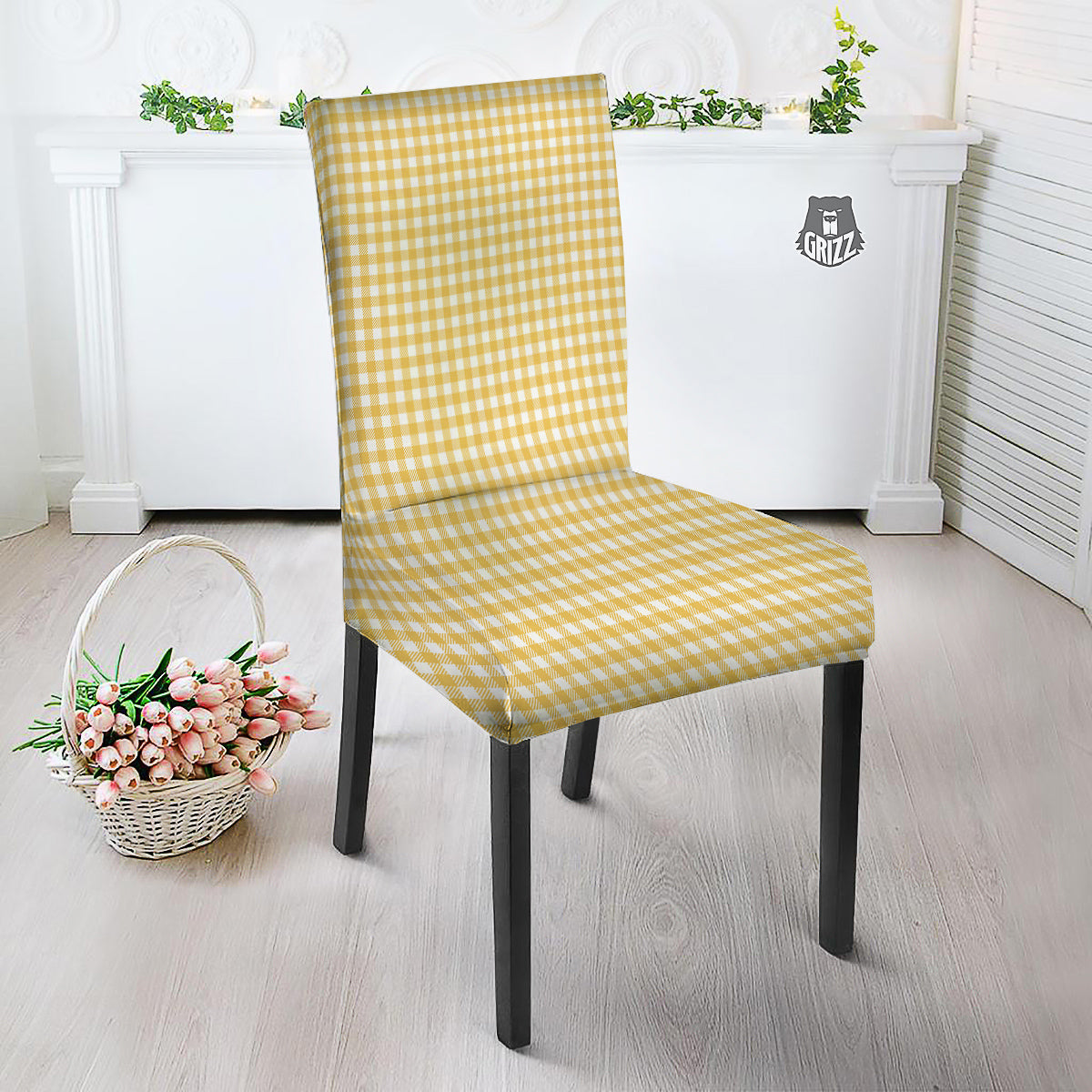 Yellow Canary And White Gingham Print Dining Chair Slipcover-grizzshop