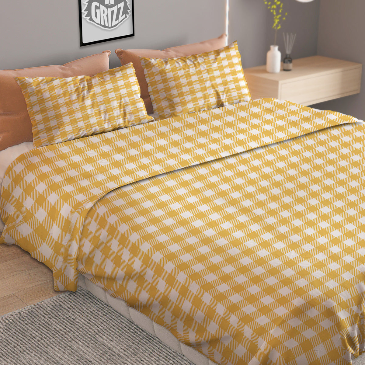 Yellow Canary And White Gingham Print Duvet Cover Bedding Set