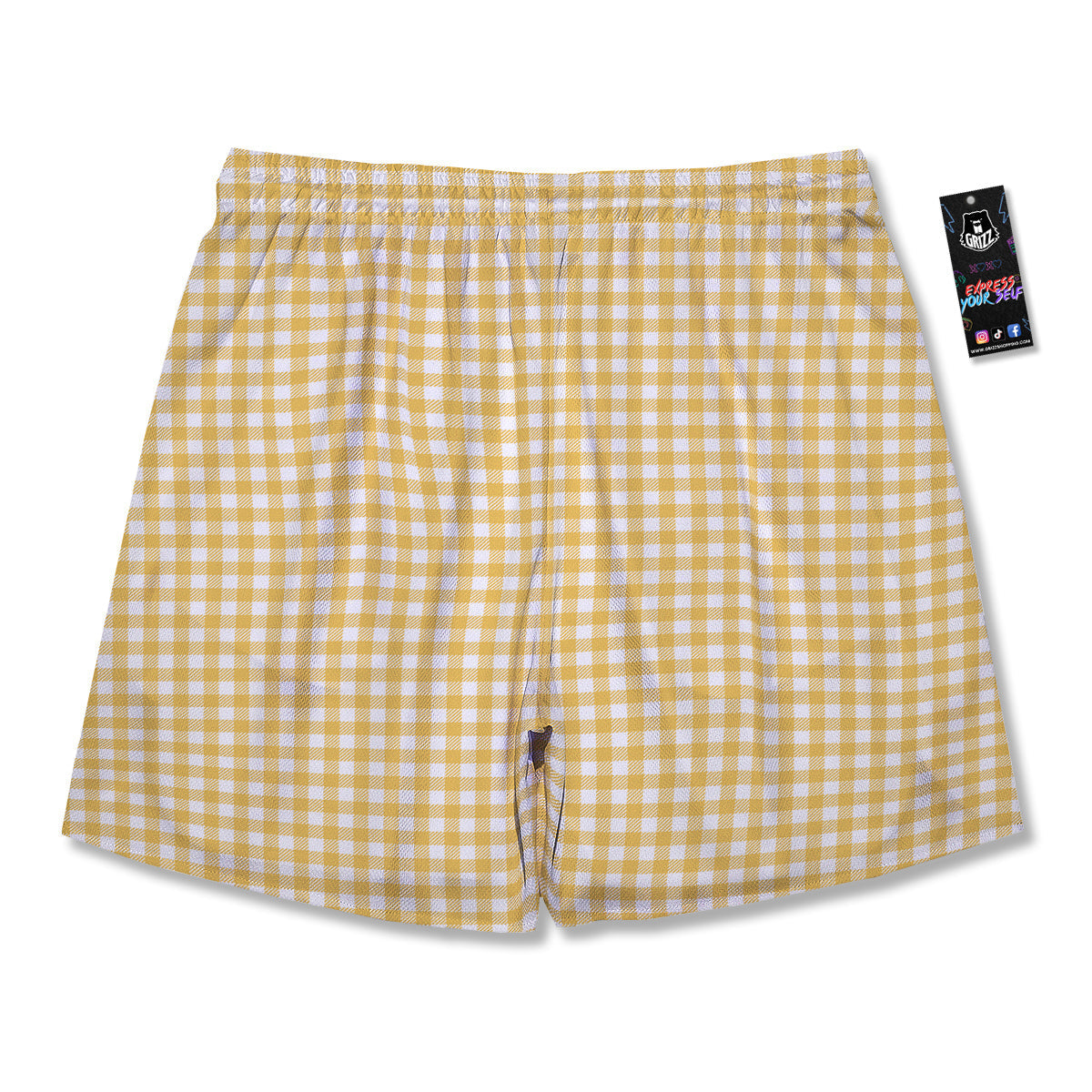 Yellow Canary And White Gingham Print Men's Running Shorts-grizzshop