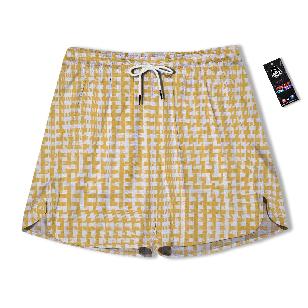 Yellow Canary And White Gingham Print Men's Running Shorts-grizzshop
