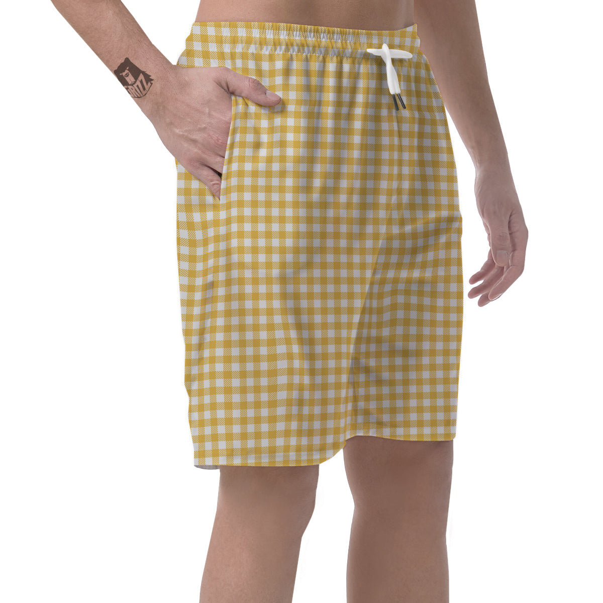 Yellow Canary And White Gingham Print Men's Shorts-grizzshop