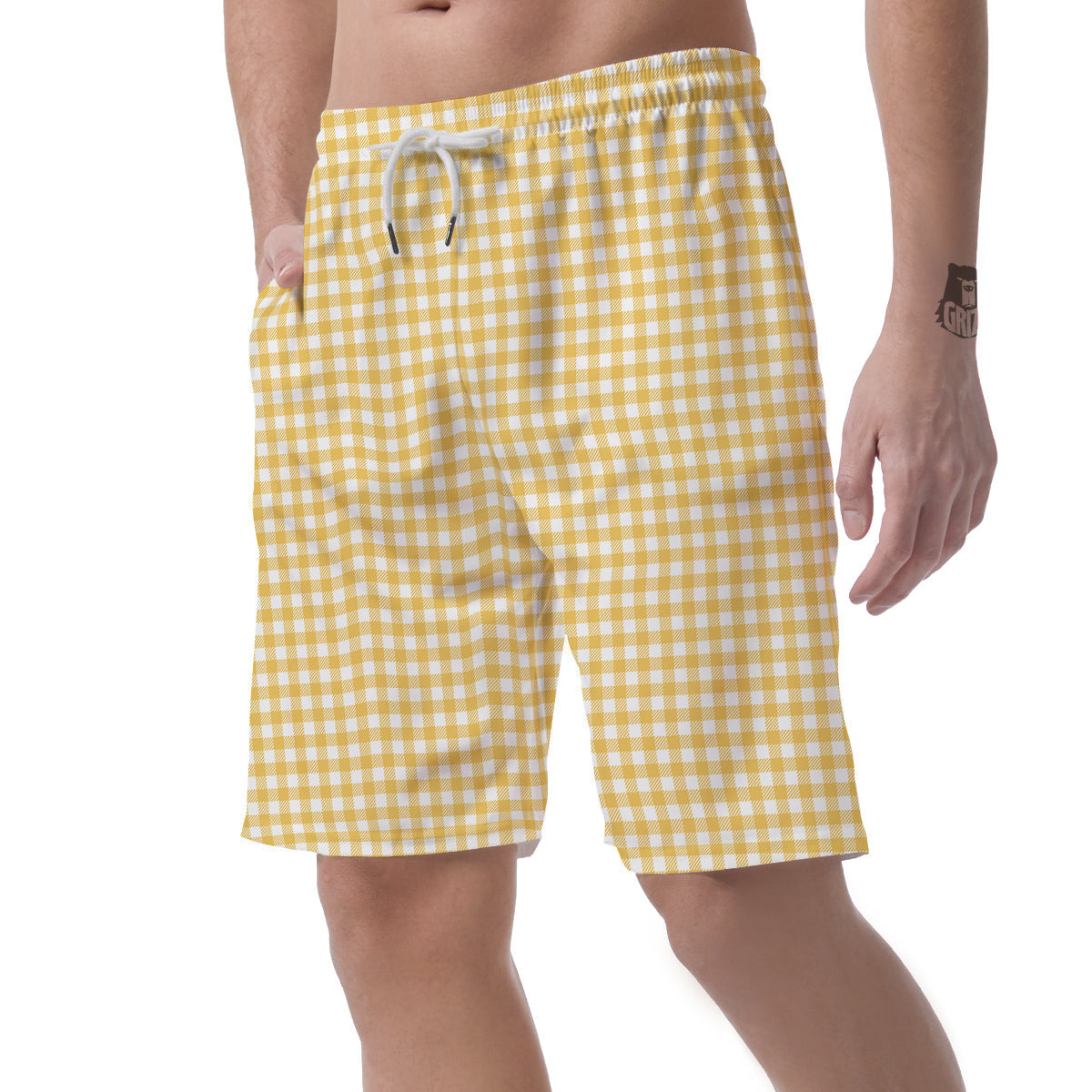 Yellow Canary And White Gingham Print Men's Shorts-grizzshop