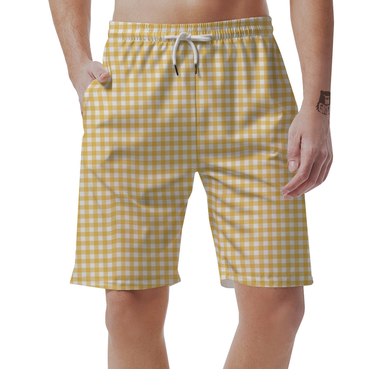 Yellow Canary And White Gingham Print Men's Shorts-grizzshop