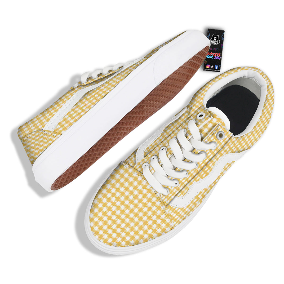 Yellow Canary And White Gingham Print Skate Shoes-grizzshop