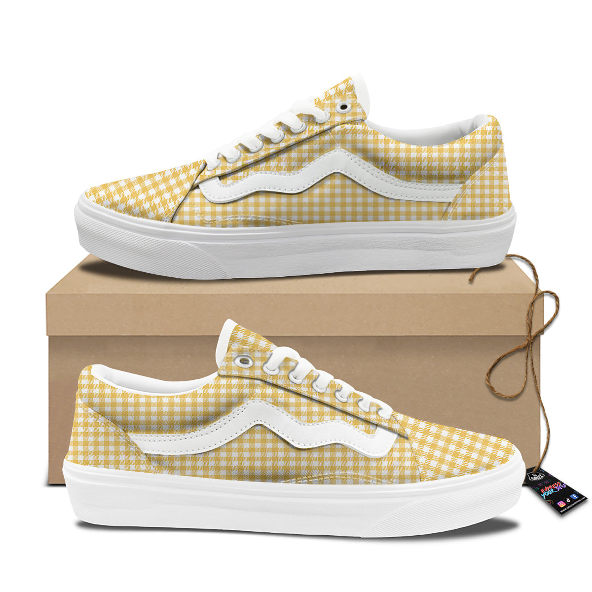 Yellow Canary And White Gingham Print Skate Shoes-grizzshop