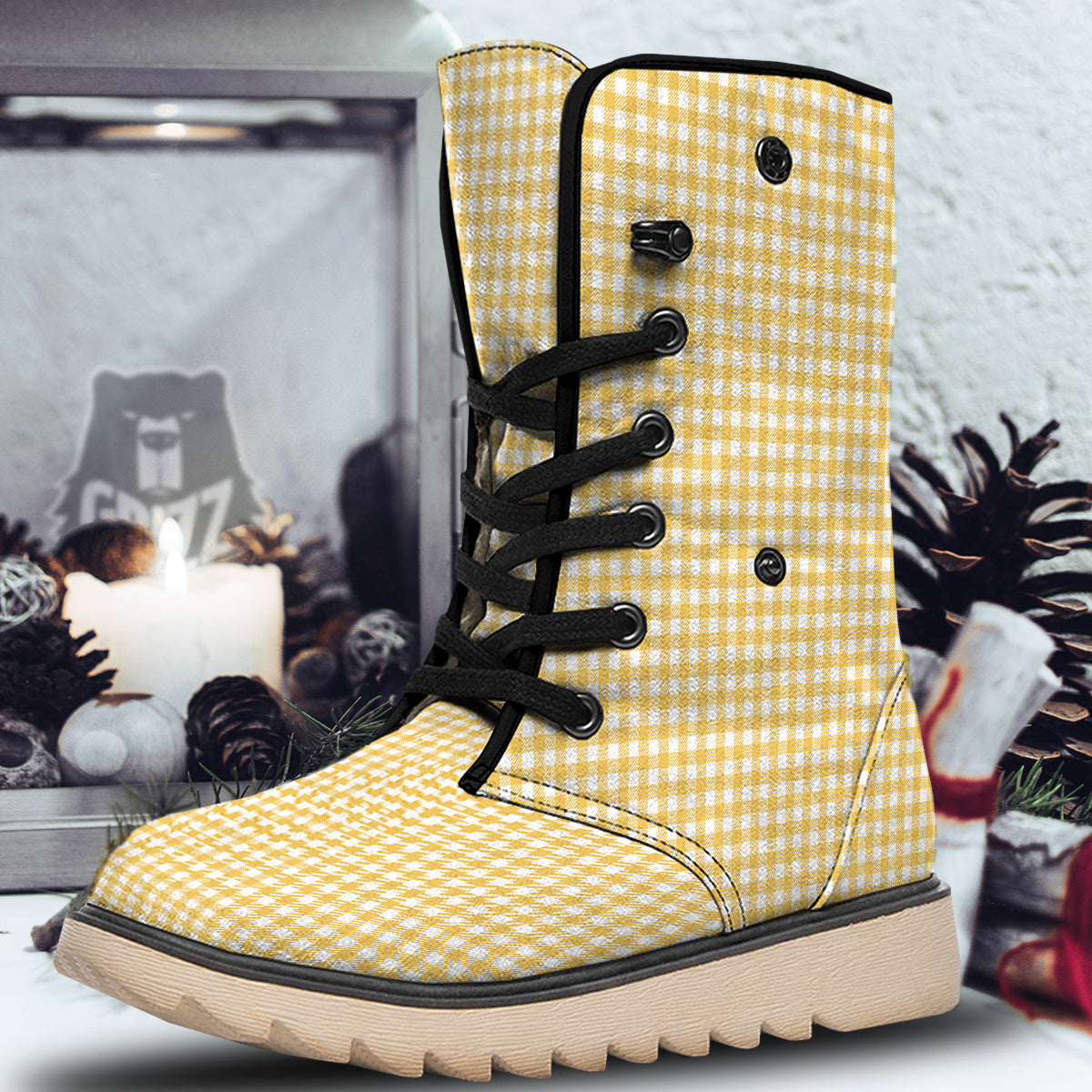 Yellow Canary And White Gingham Print Snow Boots-grizzshop