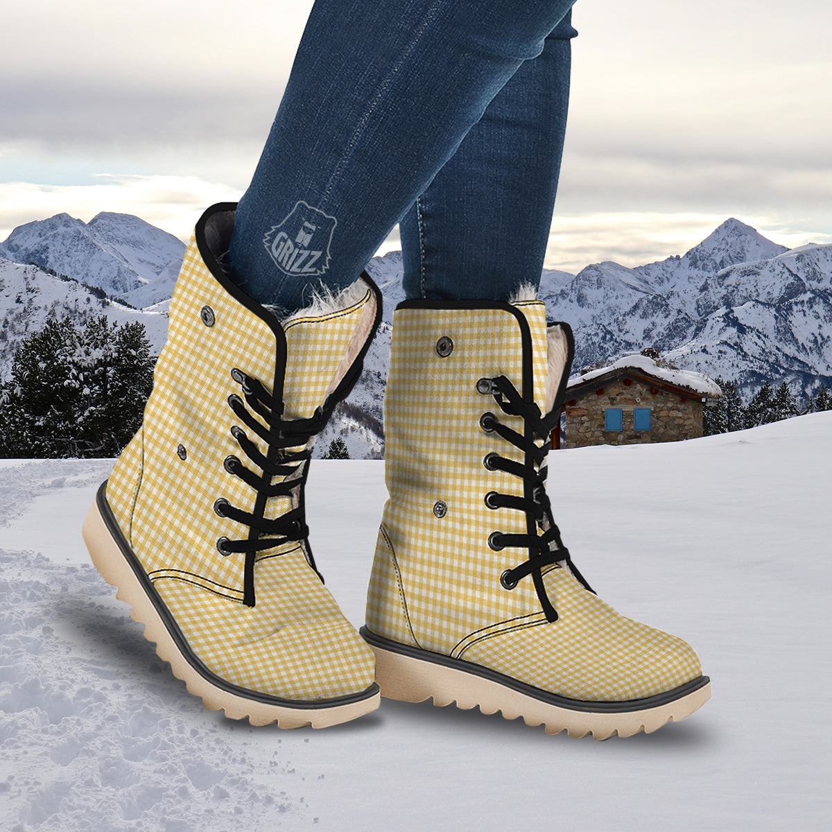 Yellow Canary And White Gingham Print Snow Boots-grizzshop