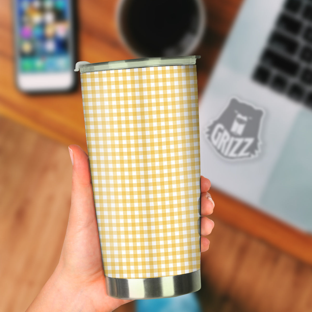 Yellow Canary And White Gingham Print Tumbler-grizzshop