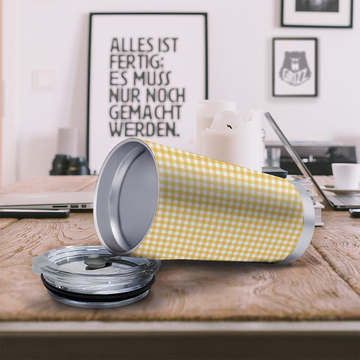 Yellow Canary And White Gingham Print Tumbler-grizzshop