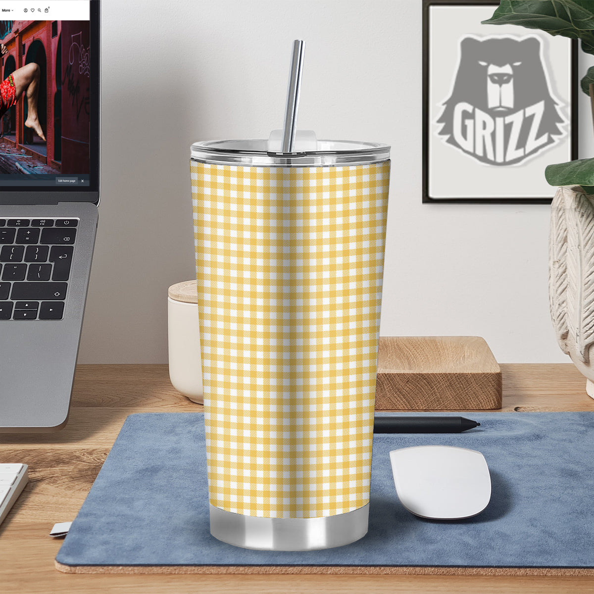 Yellow Canary And White Gingham Print Tumbler-grizzshop