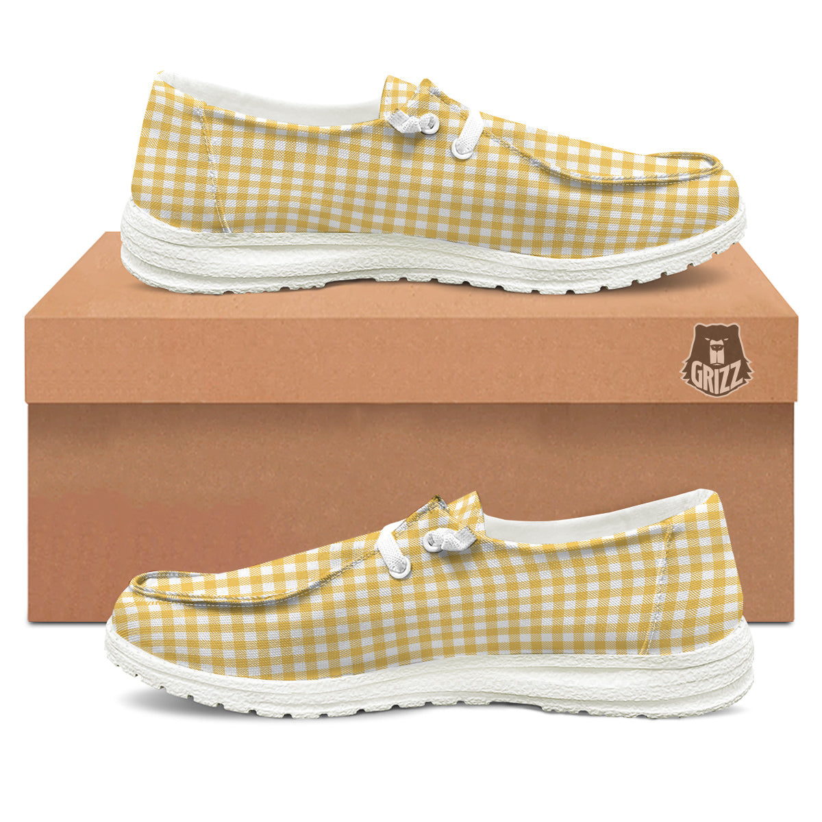 Yellow Canary And White Gingham Print White Loafers-grizzshop