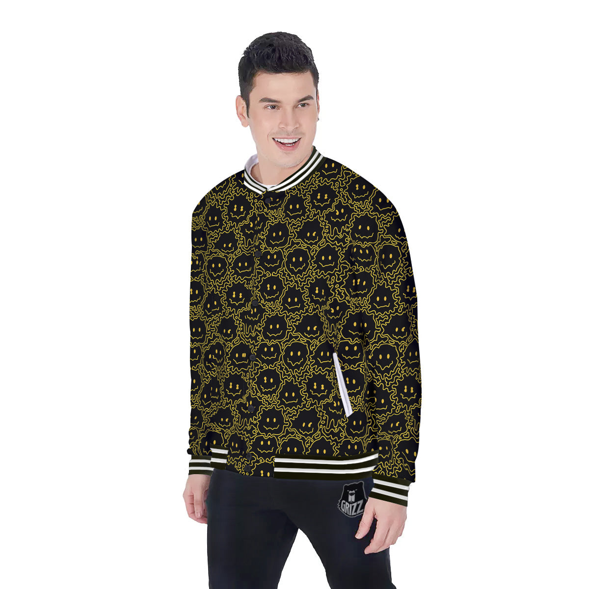 Yellow Crazy Emoji Print Pattern Baseball Jacket-grizzshop